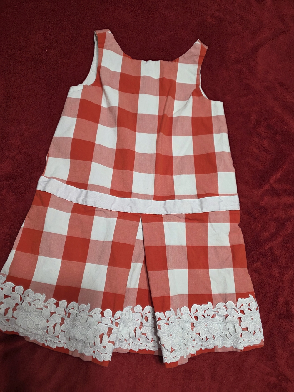Red and White Gingham Floral Trim Sleeveless Dress